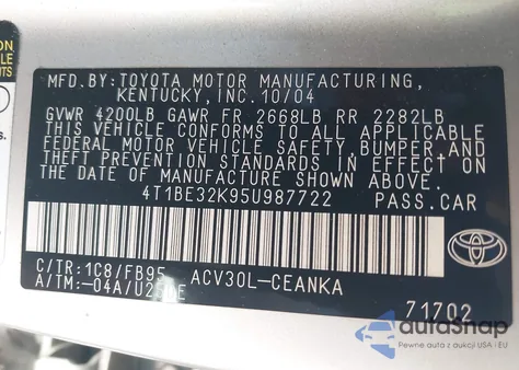 2005 Toyota Camry Le from USA, damaged, VIN 4T1BE32K95U987722